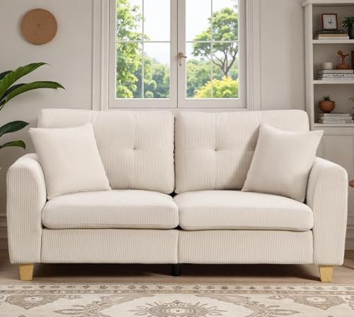 EBELLO Sofa 3 Sitzer, Cord Sofa, Bequemes Couch mit Extra Tiefer Sitz | Modernes Wohnzimmer Sofa mit 2 Kissen&Seitentaschen, Einfach Montage Big Sofa Couch für Schlafzimmer Büros, Creme