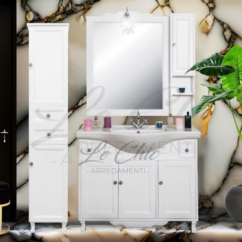 arredo bagno mobile con lavabo 105 cm specchio e colonna salvaspazio 35 cm shabby chic in vero legno bianco provenzale, stanza da bagno