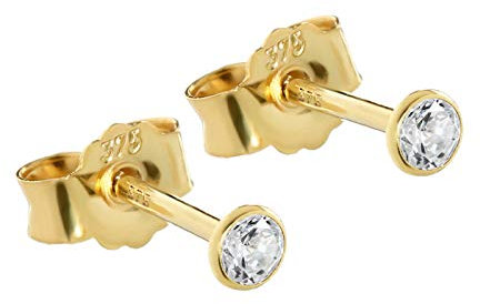 NKlaus Paire de 3mm Clous d'oreilles calice or jaune 375 or Boucles d'oreilles cristal 9 carats zircon blanc calice 2603