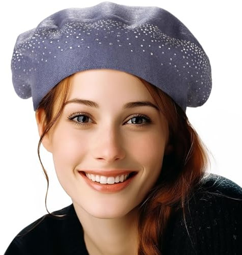 LADYBRO Strass Barett Hüte für Damen 2 Schichten Wolle Französische Hut Damen Winter Warm Hut, Blau-44003, Einheitsgröße