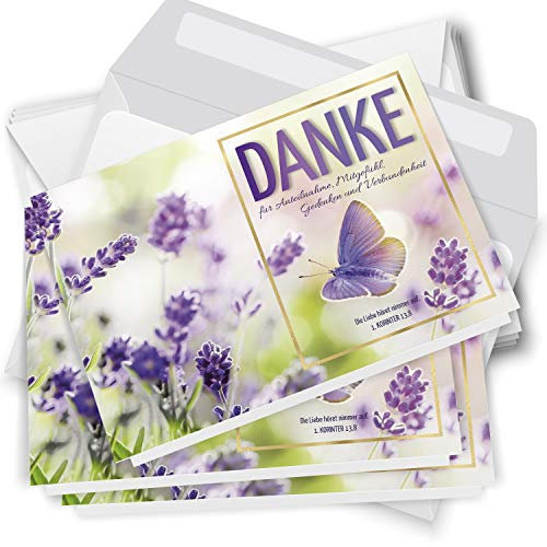 Danksagungskarten Trauer – 10 Klappkarten mit Umschlägen – Motiv: Schmetterling lila – Trauerkarten Danksagung mit Text – Dankeskarten Trauer nach Beerdigung