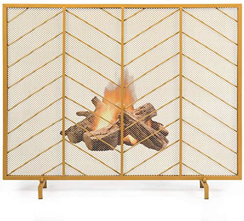 COSTWAY Fire Guard, Wide Spark Flame Barrier Fireplace Screen, Solid Wrought Iron Mesh Spark Fire Panels Fence for Wood and Coal Firing, Stoves, Grills (98 x 22 x 80 cm, Legs Base, Gold)