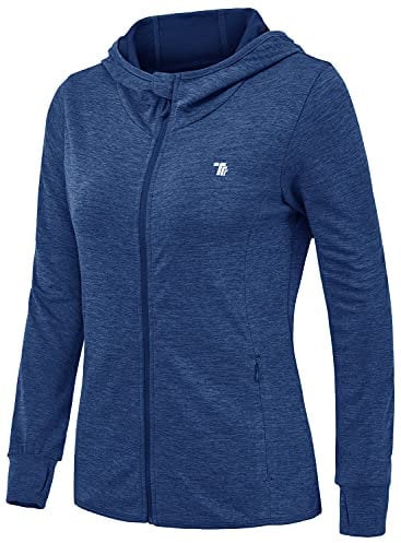 donhobo Women's Running Jackets with Thumb Hole,Long Sleeve Gym Sport Zip Up Hoodie Top Breathable Quick-Dry Tops with Zip Side Pocket Navy L