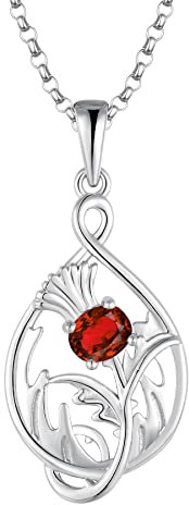JO WISDOM Damen Halskette Schottische Distel Silber 925,Kette Anhänger Schottland Blume mit 3A Zirkonia Januar Geburtsstein Granatfarbe Outlander Schmuck,Schmuck für Frauen