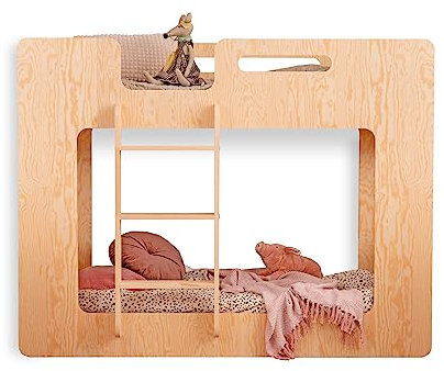 smartwood Mimi L - Leiter Links Etagenbett 70x140 mit Lattenrost und Rausfallschutz - Kinderbett für Jungen und Mädchen - Montessori Bett mit Rausfallschutz und Lattenrost Natural Holz 140x70 cm