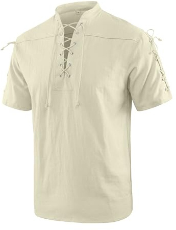 YAOBAOLE Camicia Medievale Uomo in Cotone Lino a Manica Corta – Camicia con Lacci e Collo Coreano, Stile Pirata Vintage per Larp, Festival e Tempo Libero