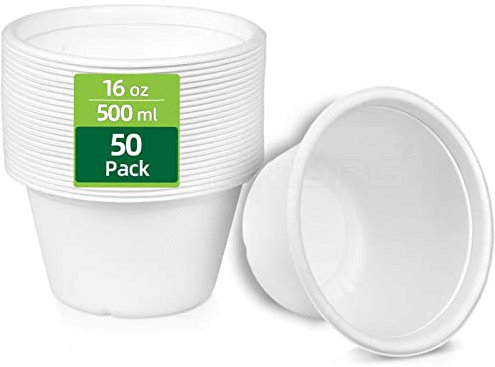 HOMURG 16oz Microwavable White Paper Bowl, Eco-Friendly Biodegradable Bagasse Disposable Deep Soup Bowl 500ml, Heavy Duty Christmas, Halloween, Thanksgiving, Valentines, Birthday Party Bowls 50 Pack