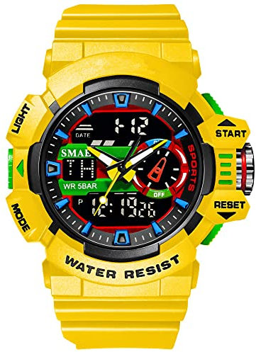 Forrader Reloj deportivo digital para hombre, resistente al agua, con cronómetro, alarma, cuenta regresiva, pantalla dual, relojes militares multifunción, amarillo, Correa