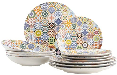 MÄSER Serie Amarante, 12-teiliges Tafelservice für 4 Personen mit besonderem Fliesendekor, Teller Set aus Suppentellern, Speisetellern und Desserttellern mit buntem Ornament-Dekor, Steinzeug
