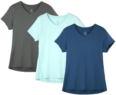 icyzone Damen Sport Fitness T-Shirt Kurzarm V-Ausschnitt Laufshirt Gym Top Funktionsshirt, 3er Pack (M, Dark Grey/True Navy/Aqua)