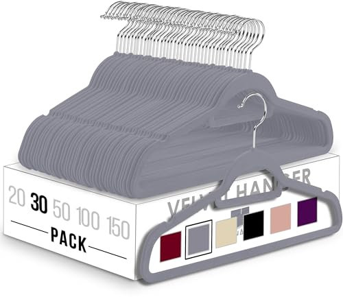 Utopia Home -Premium-Antirutsch-Kleiderbügel aus Samt - rutschfeste und strapazierfähige Kleiderbügel aus Samt mit Krawattenhalter - Stark genug, Jacken und Pullover zu halten (Grau, 30er-Pack)