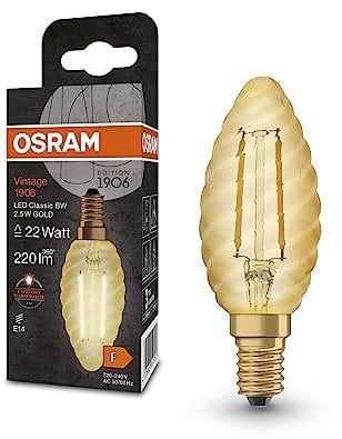 OSRAM Vintage 1906 Classic BW FIL LED-Lampe, E14, Kerze twisted, gold, 2,5W, 220lm, 2400K, warmweiße Komfortlichtfarbe, sehr geringer Energieverbrauch, lange Lebensdauer