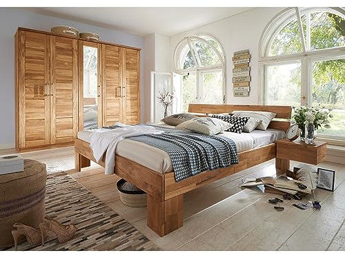 Lomadox Schlafzimmer komplett Set 180x200 cm Bett Ehebett Set mit 5-türigem Massivholz Kleiderschrank Schrank mit Spiegel in Wildeiche massiv