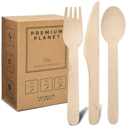 Premium Planet Wooden Cutlery Set | Forks, Knives and Spoons | 100% Biodegradable | Large and Sturdy | Bamboo Cutlery (75 Pieces)