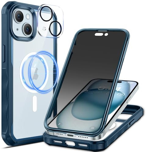 seacosmo Sichtschutz Hülle für iPhone 15 [Kompatibel mit Magsafe], Anti-Spy Handyhülle 360 Grad Schutzhülle, Stoßfestes Case mit Eingebautem Privacy Panzerglas und Kamera Schutzfolie [9H HD] - Blau