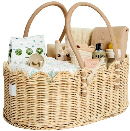 BEBE BASK Premium Baby Wickeltasche Organizer – handgefertigter und preisgekrönter gewellter Rattankorb – luxuriöser Wickelkorb – eleganter gewellter Rand (Natur)