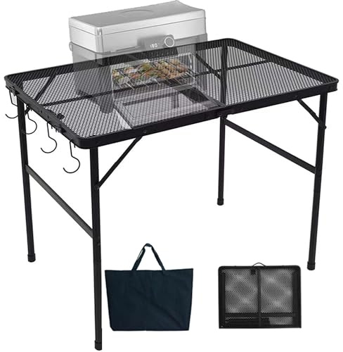 ALZEROOE Outdoor-Tisch aus Metall, Grillständer, zusammenklappbar, für Picknick, Camping, 91 cm, tragbar, leicht, kompakt und höhenverstellbar, zusammenklappbar, Terrasse, Grill, Gartentisch mit