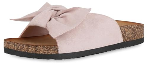 VAN HILL Damen Pantoletten Flach Schleifen Bequem Schuhe 215504 Rosa 36
