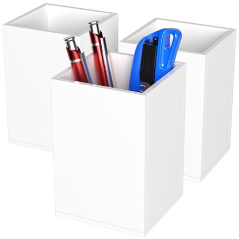 AITEE Lot de 3 porte-crayons en acrylique blanc - Organiseur de bureau - Pot à crayons carré - Porte-pinceaux de maquillage pour le bureau, l'école, les fournitures ménagères (7,6 x 7,6 x 10,9 cm)
