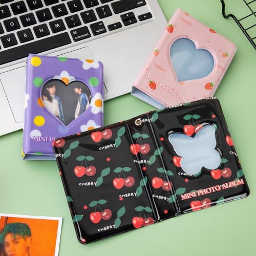MaehSab Lot de 3 mini albums photo de 7,6 cm, album photo Kpop, porte-cartes photo, carte d'identité, cerise, fraise, fleur