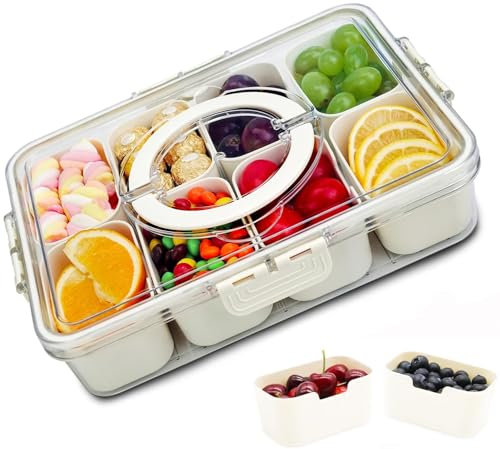 LANMANUO Divided Serving Tray with Lid Snack Box Container and Handle Snack Tray Storage Organizer for Veggie, Fruit, Candy, Nuts - Serving Platter for Picnic, Party, Holidays and Travel