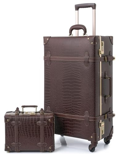Urecity Koffer Vintage mit 4 Rollen Trolley Koffer Reisekoffer Leicht Retro Hartschalen Koffer 2-Teilig mit 12 Zoll Kleines Köfferchen (Krokodil-Prägung Braun, S(12)+M(20))