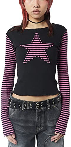 Emo Striped Long Sleeve Tops Y2K Gyaru Grunge Vintage Aesthetic Harajuku Graphic Acubi Tee Shirts 2000s Streetwear Clothes (Pink, M)