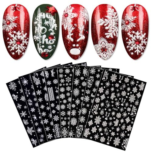 JMEOWIO 8 Sheets Christmas White Glitter Nail Art Stickers Decals Self-Adhesive Snowflake Winter Holiday Nail Supplies Nail Art Design Decoration Accessories