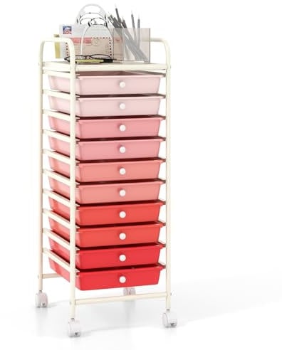 GOPLUS Chariot de Rangement 10 Tiroirs à roulettes, Tour de Rangement à roulettes, Tiroirs en Plastique&Cadre en Acier, pour Chambre, Bureau, 37x33x86CM (Rose Dégradé)