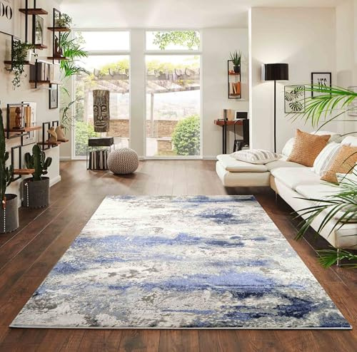 Emperor Metallic Abstract Modern Living Room Area Rug, Navy, 200x290cm