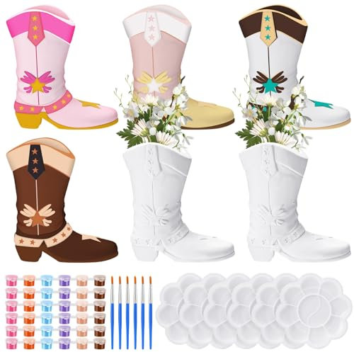 Affrolling 6 Set Cowboy Boot Vase Ceramics to Paint Ready to Paint Your Own Ceramic Cowgirl Boot Vase DIY Unpainted Cowgirl Boot Plaster Paintable Vase Kit Crafts with Brush Palette Paint for Adults