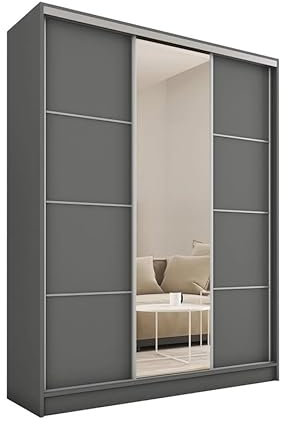 Loprosi Mirror - 3 Sliding Doors Wardrobe Drawers Shelves 2 Hanging Rail width 150 cm (Graphite)
