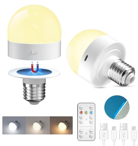 TobeBright Rechargeable Light Bulb, E27 Battery Powered Light Bulb 3 Colour Temperature Dimmable with Remote Control, Magnetic LED Light for Non Hardwired Lamps, Table Lamps, Bedside(2-Pack)