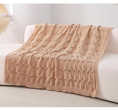 Wajade Knit Throw Lightweight Knitted Blanket for Sofa & Bed Breathable Non-Fluffy Knit Design with Ripple Texture All Seasons Home Decor(Khaki 130 * 170)