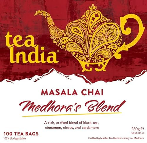 Tea India Medhora's Blend Masala Chai Tea Bags (100 Chai Tea Bags Bulk) Rainforest Alliance Certified | Biodegradable | Masala Chai Spiced Chai Blend of Black Tea, Ginger Tea, Cinnamon
