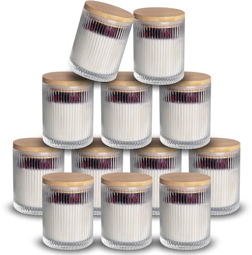 NiHome 12-Pack Glass Candle Jars with Bamboo Lids for Tealight Candles, Spices, Sugar, Cosmetics & More, Embossed Patterns for Candle Making and Storage, Heat-Resistant Glass with Airtight Bamboo Lids
