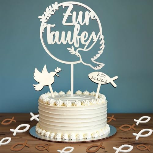 Cake Topper Taufe, Zur Taufe Cake Topper + 48 Holz Fische Streudeko Tischdeko Taufe, Tortendeko Taufe, Taufe Deko Mädchen Junge