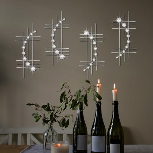 ZEXUIRU Wandskulptur aus Metall, glitzernd, Kristall, Wanddekoration, Strass, Diamant, Eisen, abstrakte Wandskulptur, 61 x 30 cm, Silber, 4 Stück