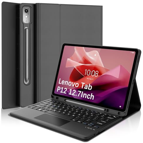 WINCHKING Touchpad Keyboard Case for Lenovo Tab P12 12.7Inch 2023,Detachable Wireless Keyboard Folio Case with Pen Holder for Lenovo TB-370FU Tablet,Black