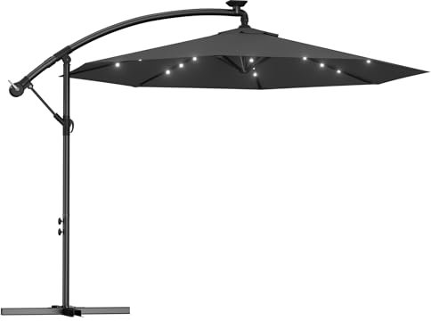 FIVMEN Sonnenschirm LED Solar Ampelschirm 300 cm mit Kurbel Alu Marktschirm Gartenschirm Balkon Schirm mit Ständer Sonnenschutz UV-Schutz Terrasse Garten Strand, Dunkelgrau