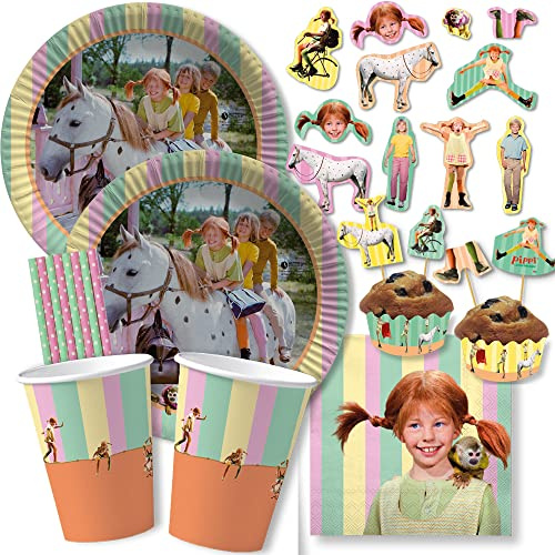 67-teiliges Party-Set - Pippi Langstrumpf - Teller Becher Servietten XXL-Konfetti Muffin-Banderolen Picker Trinkhalme für 8 Kinder