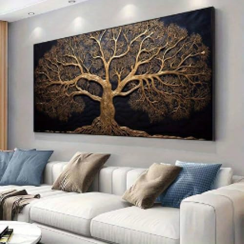 XINBAO Toile Arbre de vie - Décoration murale dorée et noire pour salon et chambre à coucher, affiches et impressions contemporaines 30 x 60 cm avec cadre