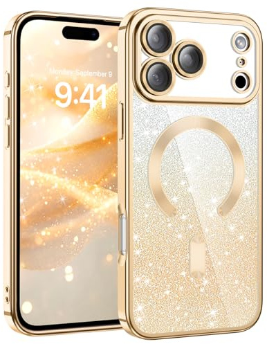 DUEDUE Glitzer Hülle für iPhone 17 Pro Max 6,9'' [Kompatibel mit MagSafe] Glitzer Handyhülle mit Kameraschutz, Magnetische Stoßfeste Schutzhülle Soft TPU für iPhone 17 Pro Max Hülle, Gold