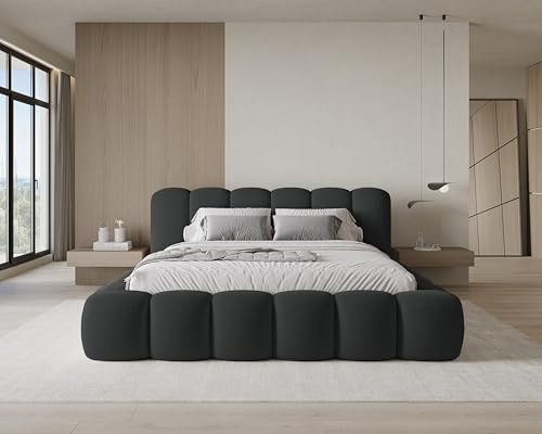 Chilly. Möbel Design Bett Stone - Polsterbett 160x200 mit Bettkasten, Lattenrost und Kopfteil - Eleganter Bouclé-Stoffbezug Schwarz