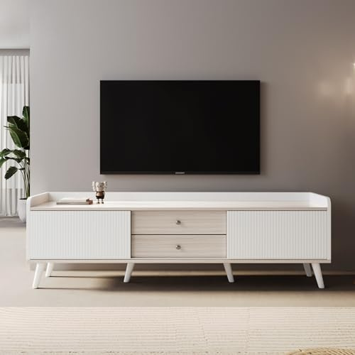 Generisch Meuble TV avec deux tiroirs, table TV, meuble bas TV avec deux portes coulissantes, noir et couleur bois naturel, H58/L160/P40 cm,Blanc