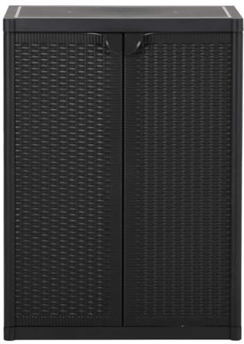 FWIKDUN Gartenschrank Schwarz 65x45x88 cm PP Rattan-Optik mit 2 Böden, Aufbewahrungsbox für Terrasse und Aufbewahrung von Gartengeräten, Lagerschrank für Tücher und Waschmittel
