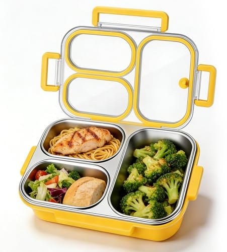 DOJASOHILMI Bento Box, Stainless Steel with 3 Compartments, Leak-Proof, Microwave and Dishwasher Safe, 27oz, for Kids and Adults
