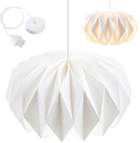 RANJIMA Origami Papier Lampenschirm mit Kabel und Aufhängung Weiß Nordisches Design Faltbar Pendelleuchte Lampenschirm modern Papierlampenschirm für Wohnzimmer Schlafzimmer Esszimmer Dekor Hängelampe