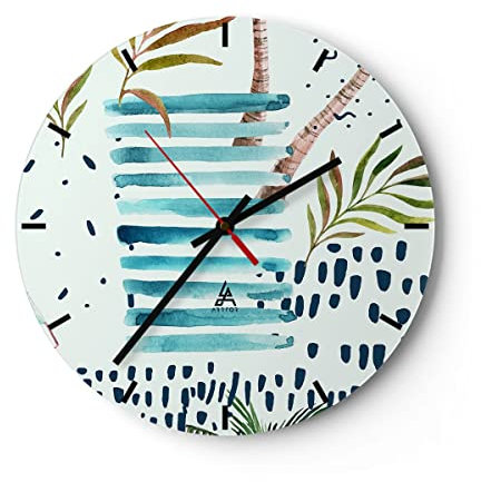 Modern Wanduhr Aquarell Palme tropisch Boot 40x40cm Rund Groß Wand Uhr Glas Analog Zimmeruhren Küche Büro Wohnzimmer Glasuhr Wall Clock Dekoration Design Wanddekoration Küchenuhr C3AR40x40-2956