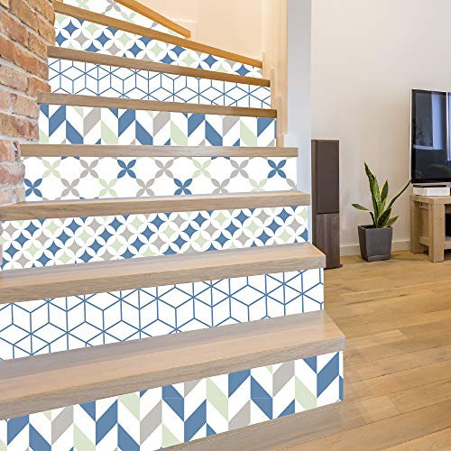 Lot contremarches à coller MUSTSWEET bleu, vert, blanc, gris. 4 contremarches escalier 1m. Autocollants pour escalier- Lot de 4 Stickers (1m x 15 cm)